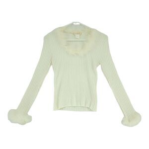 Vintage Small Vertigo Paris White Ribbed Sweater with Feather Collar and Sleeve